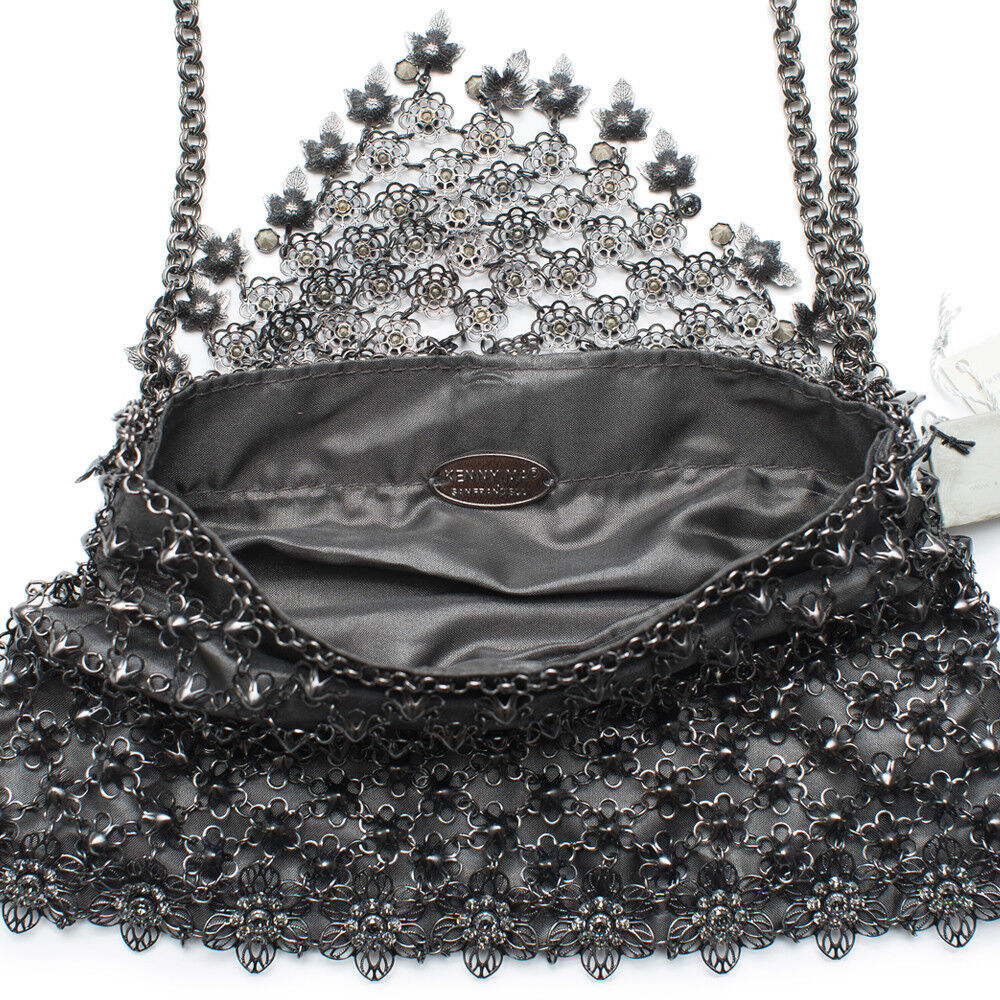 Kenny Ma Metal Mesh Swarovski Bag Black Gunmetal Bead Handbag Purse New - Picture 5 of 5